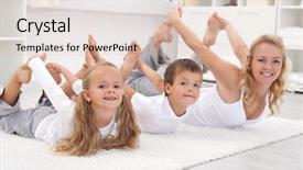  Presentation with yoga kids - Amazing slide set having yoga kids - family doing stretching exercises laying backdrop and a lemonade colored foreground
