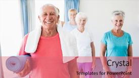  Presentation with yoga - Theme enhanced with elderly fitness - senior man holding yoga mat background and a coral colored foreground