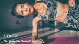  Presentation with human body stomach anatomy - PPT theme enhanced with yoga mat woman doing core background and a ocean colored foreground