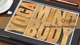  Presentation with digital printing - Slide set consisting of yoga mind body word abstract in letterpress wood type printing blocks on a screen of a digital tablet background and a yellow colored foreground