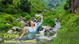  Presentation with waterfall woman - Colorful slide set enhanced with yoga outdoors - young sporty fit woman doing stretching yoga asana eka pada rajakapotasana - one-legged king pigeon pose at tropical waterfall backdrop and a tawny brown colored foreground