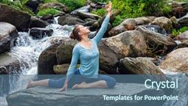  Presentation with waterfall woman - PPT theme having yoga outdoors - young sporty fit woman doing stretching yoga asana eka pada rajakapotasana - one-legged king pigeon pose at tropical waterfall background and a ocean colored foreground
