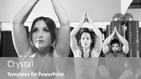  Presentation with group training - Theme with yoga training exercise in fitness gym people group relaxed hands up background and a gray colored foreground