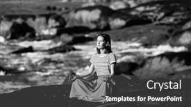  Presentation with beach rocks - PPT theme consisting of yoga-woman-meditating-on-rocks background and a dark gray colored foreground