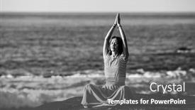  Presentation with beach rocks - Amazing PPT theme having yoga-woman-on-rocks-meditating backdrop and a gray colored foreground