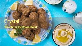  Presentation with fast food - Audience pleasing theme consisting of yoghourt - falafel middle eastern fried chickepa backdrop and a tawny brown colored foreground