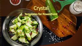  Presentation with cutting board - Colorful presentation design enhanced with yoghourt - fresh cucumber on cutting board backdrop and a tawny brown colored foreground