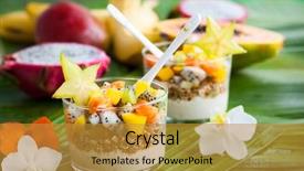  Presentation with granola - Colorful presentation enhanced with yoghourt - healthy breakfast with exotic fruits backdrop and a gold colored foreground