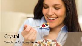  Presentation with breakfast cereal - Presentation design featuring yoghourt - relaxed woman eating bowl background and a coral colored foreground