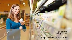  Presentation with products supermarket - Colorful PPT theme enhanced with yoghourt - smiling woman with shopping basket backdrop and a  colored foreground