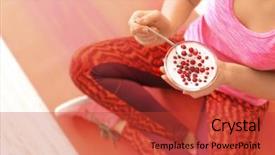  Presentation with yogurt - Beautiful presentation theme featuring yoghourt - sporty young woman eating yogurt backdrop and a red colored foreground