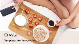  Presentation with being a single woman - PPT layouts featuring yoghourt - young woman in bed background and a coral colored foreground