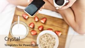  Presentation with breakfast - Theme enhanced with yoghourt - young woman in bed background and a coral colored foreground