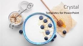  Presentation with oat - Presentation theme featuring yogurt with blueberry and oat flakes in dish on white background background and a white colored foreground