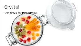  Presentation with pumpkin seeds - Colorful slides enhanced with yogurt with date plum pomegranate and pumpkin seeds in jar on white background backdrop and a white colored foreground