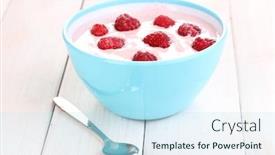  Presentation with yogurt - Beautiful slides featuring yogurt with raspberries in bowl on wooden background backdrop and a sky blue colored foreground