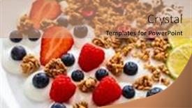  Presentation with muesli - Presentation design featuring yogurt-with-strawberries-blueberries-raspberries background and a coral colored foreground