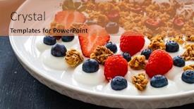  Presentation with muesli - PPT layouts having yogurt-with-strawberries-blueberries-raspberries background and a coral colored foreground