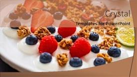  Presentation with muesli - Presentation design with yogurt-with-strawberries-blueberries-raspberries background and a coral colored foreground