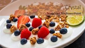  Presentation with muesli - Presentation theme with yogurt-with-strawberries-blueberries-raspberries background and a coral colored foreground