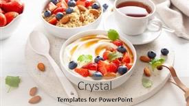  Presentation with almond - PPT theme with yogurt-with-strawberry-blueberry-honey background and a soft green colored foreground