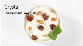  Presentation with yogurt - Amazing slides having bowl of white yogurt with walnuts and dates on white background backdrop and a light gray colored foreground