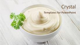  Presentation with natural ingredients - Audience pleasing slide deck consisting of salted egg - natural mayonnaise ingredients backdrop and a sky blue colored foreground