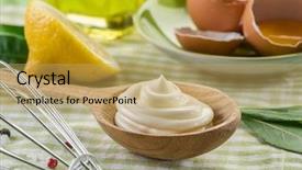  Presentation with mayonnaise - PPT theme with natural mayonnaise sauce in the wooden spoon and its ingredient on the background background and a yellow colored foreground
