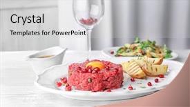  Presentation with pomegranate - Presentation with yolk pomegranate seeds and potato background and a light gray colored foreground