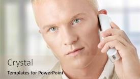  Presentation with wireless - Theme having yong businessman using wireless phone background and a coral colored foreground