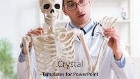  Presentation with skeleton - Audience pleasing PPT layouts consisting of yong-male-doctor-with-skeleton backdrop and a light gray colored foreground