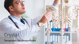  Presentation with skeleton - Audience pleasing PPT theme consisting of yong-male-doctor-with-skeleton backdrop and a light blue colored foreground