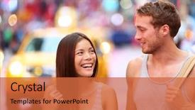  Presentation with city people walking - PPT theme enhanced with york - happy couple on times background and a red colored foreground