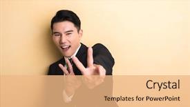  Presentation with give - Colorful PPT theme enhanced with you a gesture of victory backdrop and a coral colored foreground