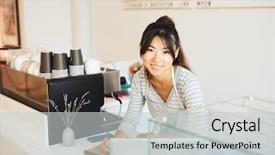  Presentation with waitress - Beautiful presentation theme featuring you while leaning over counter backdrop and a light gray colored foreground