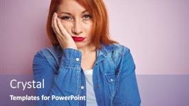  Presentation with denim - Slide deck having youg beautiful redhead woman wearing denim shirt standing over isolated pink background thinking looking tired and bored with depression problems with crossed arms background and a ocean colored foreground