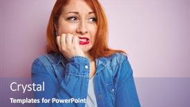  Presentation with pink nails - Colorful presentation theme enhanced with youg beautiful redhead woman wearing denim shirt standing over isolated pink background looking stressed and nervous with hands on mouth biting nails anxiety problem backdrop and a ocean colored foreground
