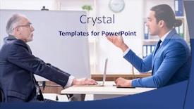  Presentation with employees - Presentation theme having yound-and-old-employees background and a sky blue colored foreground