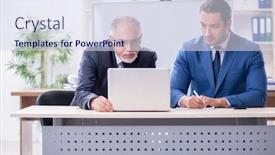  Presentation with employees - Slides featuring yound-and-old-employees background and a sky blue colored foreground