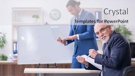  Presentation with employees - Cool new presentation theme with yound-and-old-employees backdrop and a sky blue colored foreground