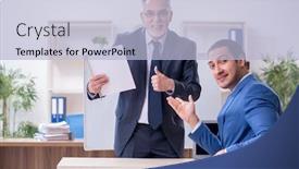  Presentation with employees - Theme consisting of yound-and-old-employees background and a light blue colored foreground