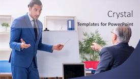  Presentation with employees - Slides with yound-and-old-employees background and a sky blue colored foreground