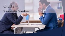  Presentation with employees - Amazing PPT layouts having yound-and-old-employees backdrop and a light blue colored foreground