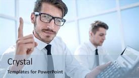  Presentation with forensic accountant - Colorful PPT theme enhanced with young accountant holding a thumb backdrop and a light blue colored foreground