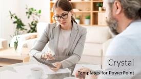  Presentation with accountant - Colorful slide set enhanced with colleague by workplace at meet backdrop and a soft green colored foreground