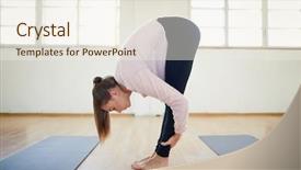  Presentation with female - Cool new presentation theme with young active female bending forwards backdrop and a sky blue colored foreground