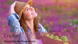  Presentation with harvest - Slide deck consisting of young active gardener girl standing on floral field with apple basket in hands and looking up on beautiful bright sunset harvest season background and a violet colored foreground
