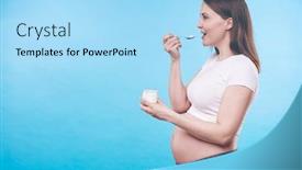  Presentation with plastic product - Audience pleasing PPT theme consisting of young-active-pregnant-woman backdrop and a light blue colored foreground