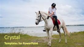  Presentation with equestrian - Colorful slide set enhanced with young active woman in equestrian outfit moving along riverside while sitting on back of white racehorse during training backdrop and a tawny brown colored foreground