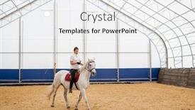  Presentation with equestrian - Slide set consisting of young active woman sitting on back of horse while moving down sandy arena inside equestrian center background and a white colored foreground